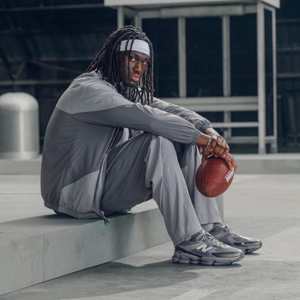 Marvin Harrison Jr. wearing a pair of grey ABZORB 2000s
