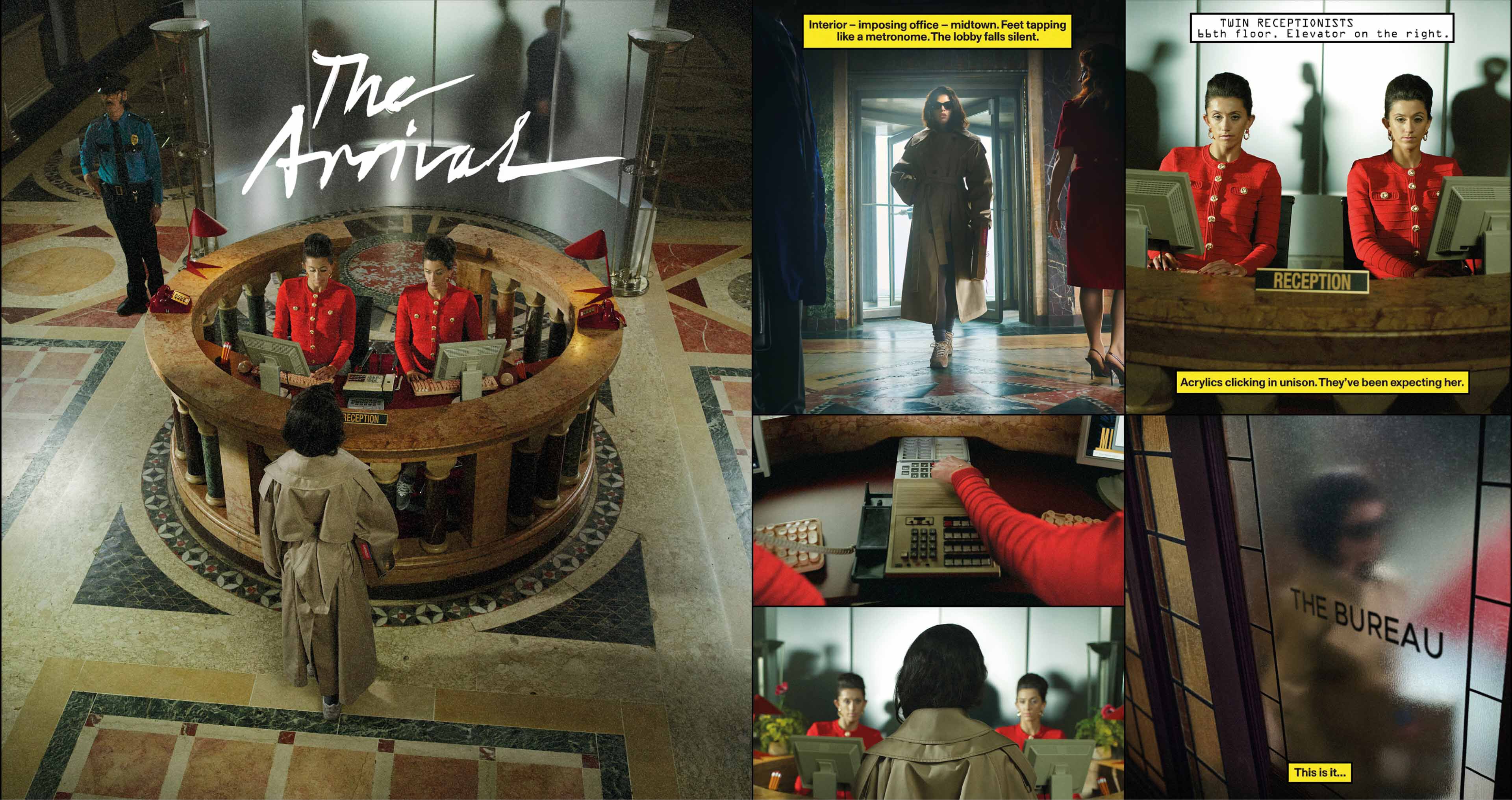 Pictures in a comic collage of Rosal&iacute;a walking into a busy building and being told me a pair of receptionists that they have been expecting her and she heads to a board room. 