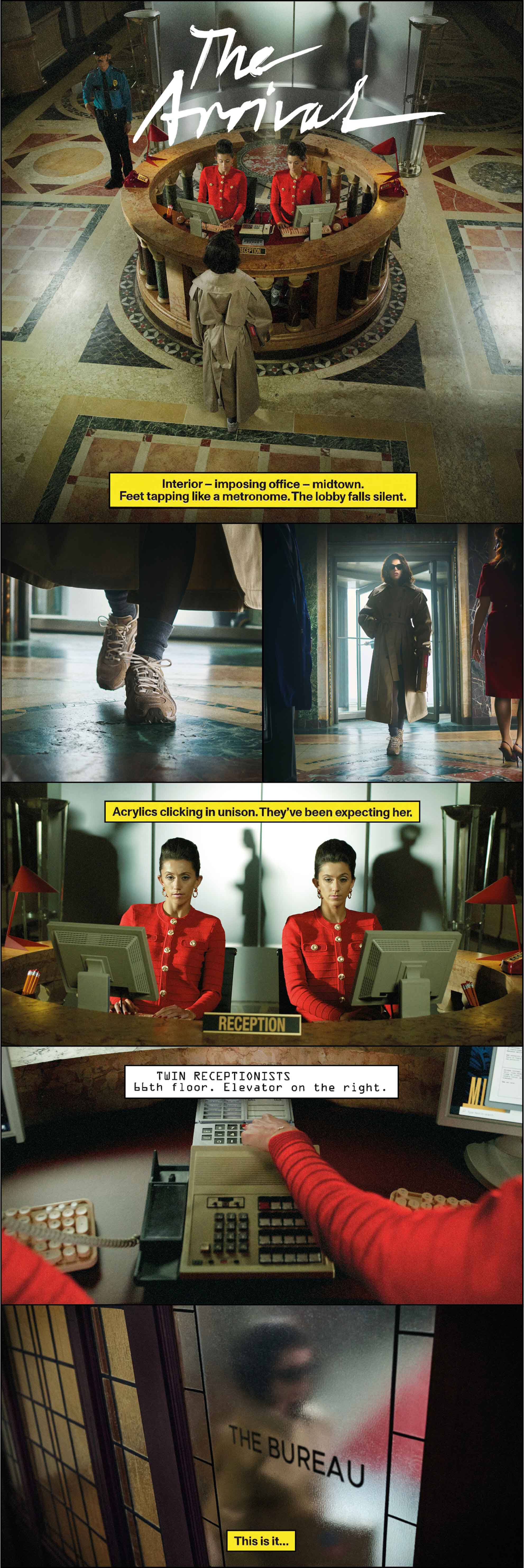 Pictures in a comic collage of Rosal&iacute;a walking into a busy building and being told me a pair of receptionists that they have been expecting her and she heads to a board room. 