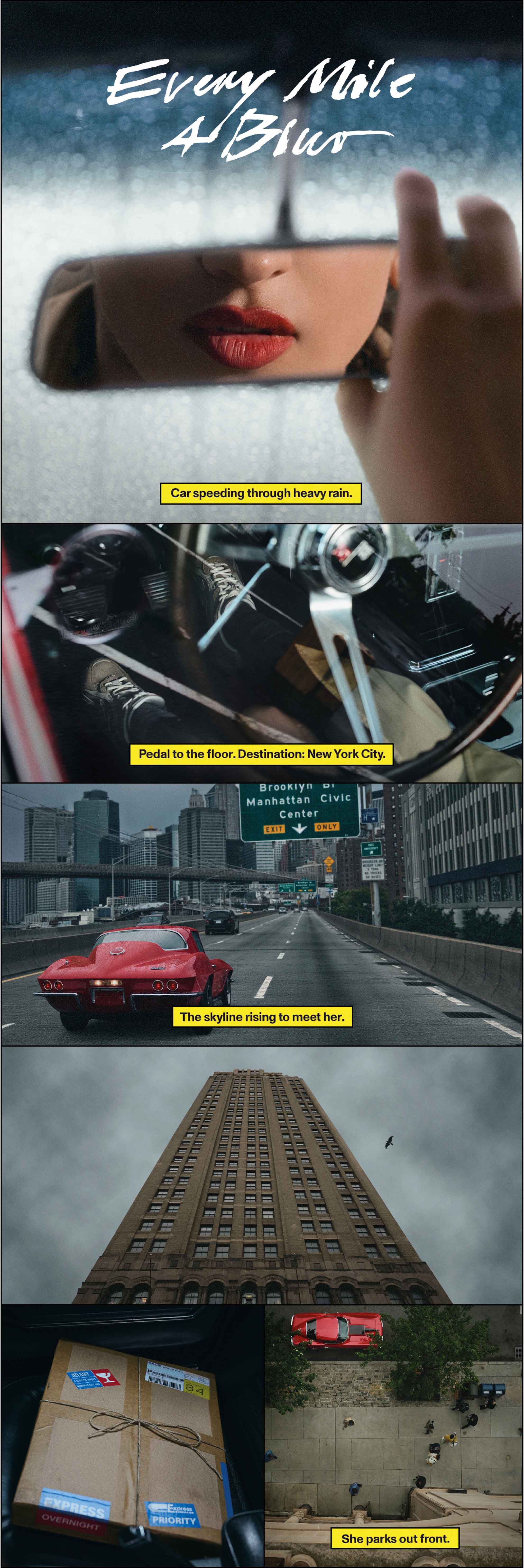Pictures in a comic collage of Rosal&iacute;a driving in a red sports car down a highway and arriving at a building that she walks into. 