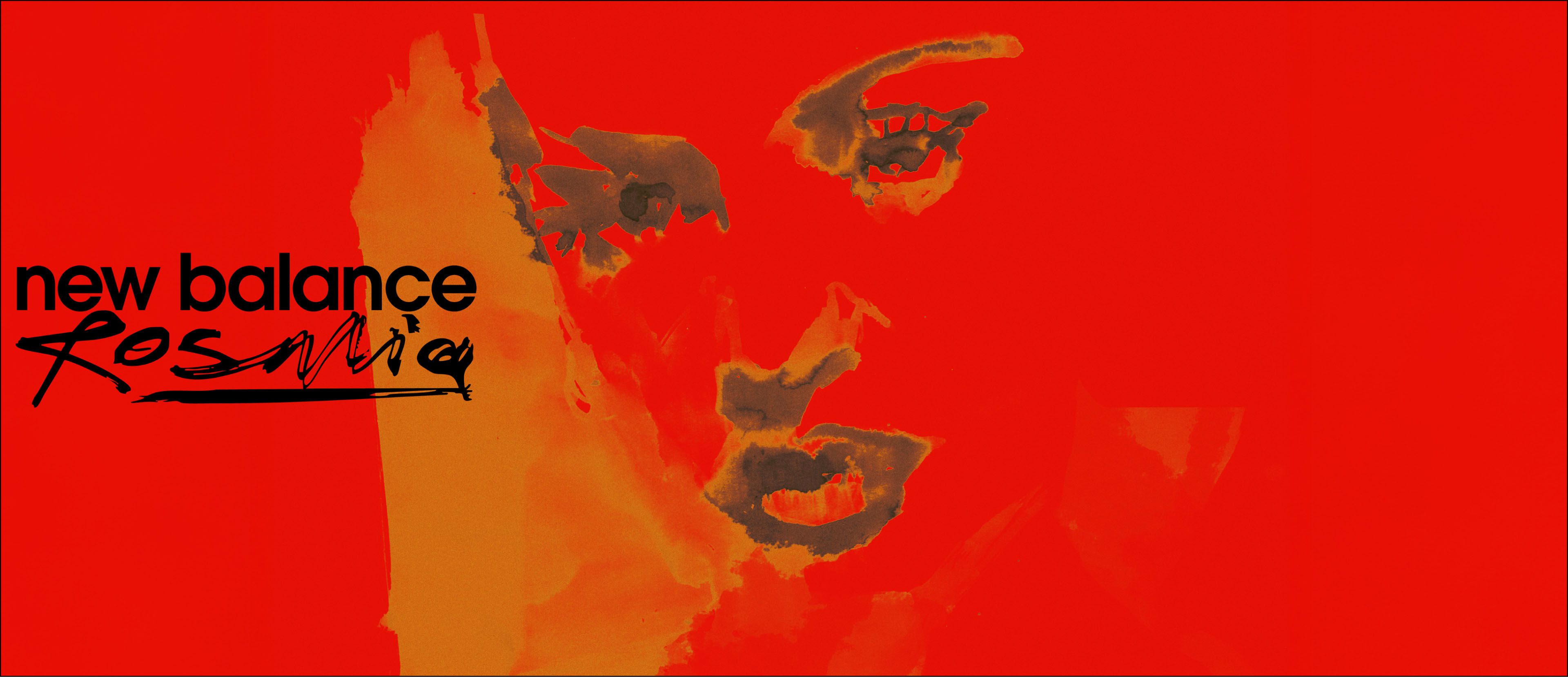 A painting of Rosal&iacute;a&rsquo;s face silhoutte against a red background with the words New Balance and Rosal&iacute;a written on it. 